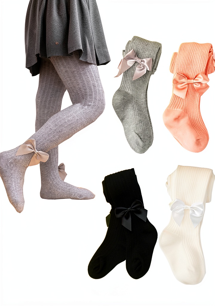 Baby girl wearing cotton tights with bow detail in a playful setting
