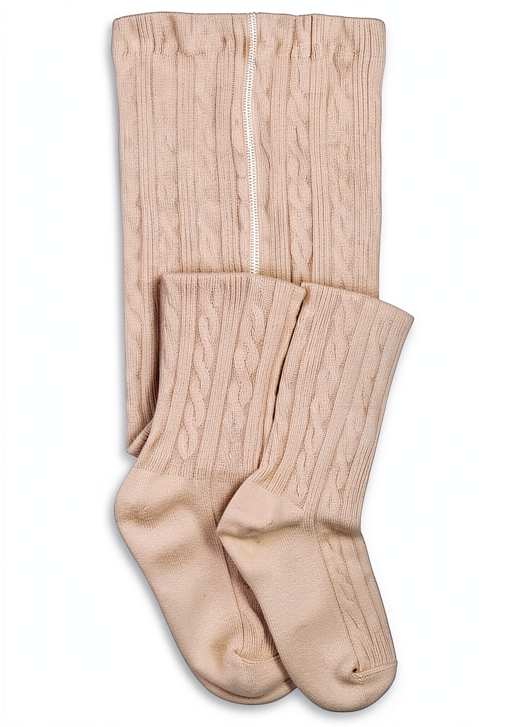 Angel Hosiery baby girls cable tights being slipped onto a toddler’s legs on a wooden floor