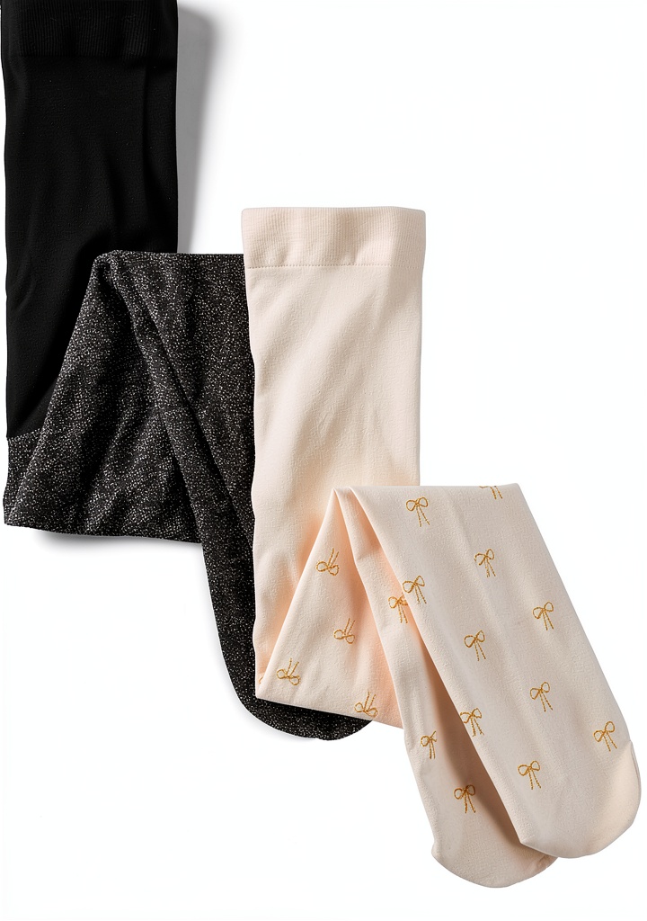 Baby girl wearing shimmer bow print tights with a dress